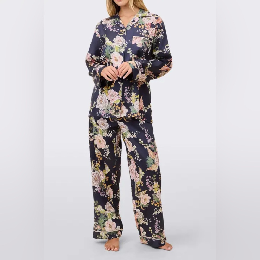 Floral Satin Pajama Set - Navy Pink